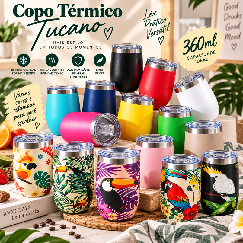 Copo Térmico Inox 360ml Com Tampa Parede Dupla Cores E Estampas Variadas Café Chá Cerveja