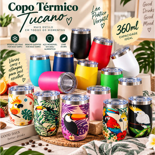 Copo Térmico Inox 360ml Com Tampa Parede Dupla Cores E Estampas Variadas Café Chá Cerveja