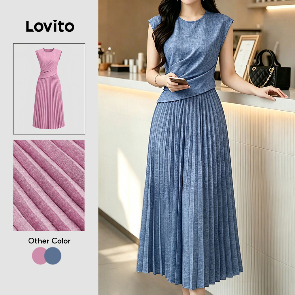Lovito Vestido Elegante com Drapeado e Textura Cómodo e Estiloso Azulmarinho para mulheres DRK8P2D078