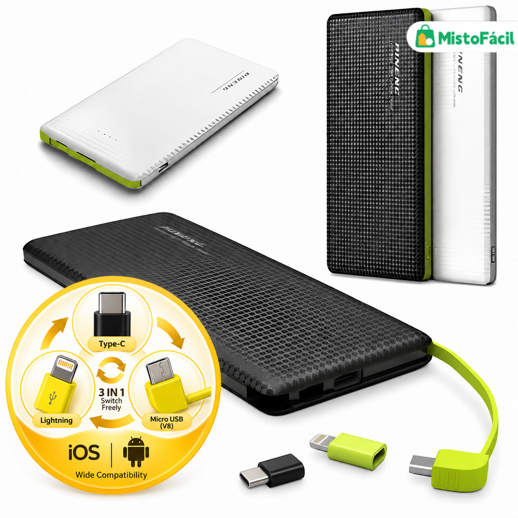 Carregador portátil Pinneng Power Bank 10.000mah com iPhone, adaptador V8