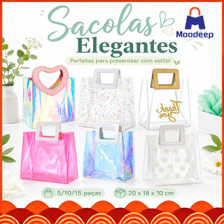 20 x 18 x 10 cm Sacola Holográfica PVC 5/10/15 Peças Resistente e Impermeável para Presentes Festas e Compras
