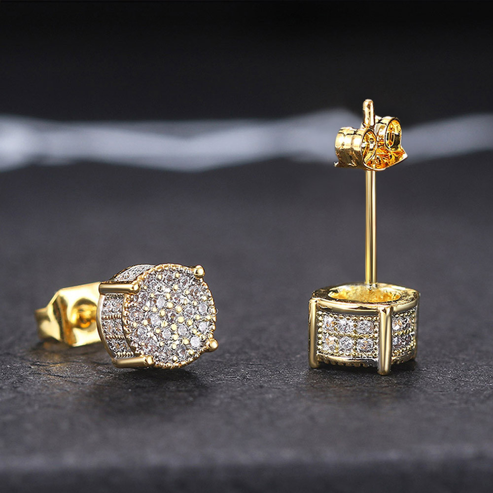 Brincos de moda cheio de diamante Hip-Hop brincos masculinos Micro-incrustados zircão chapeamento brincos redondos jóias