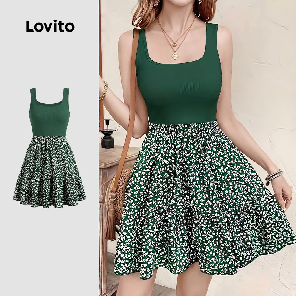 Lovito Vestido Boho Falso 2 em 1 com Barra em Babado para Primavera/verão Verde para mulheres DRK8P1D837