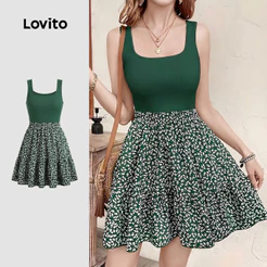 Lovito Vestido Boho Falso 2 em 1 com Barra em Babado para Primavera/verão Verde para mulheres DRK8P1D837