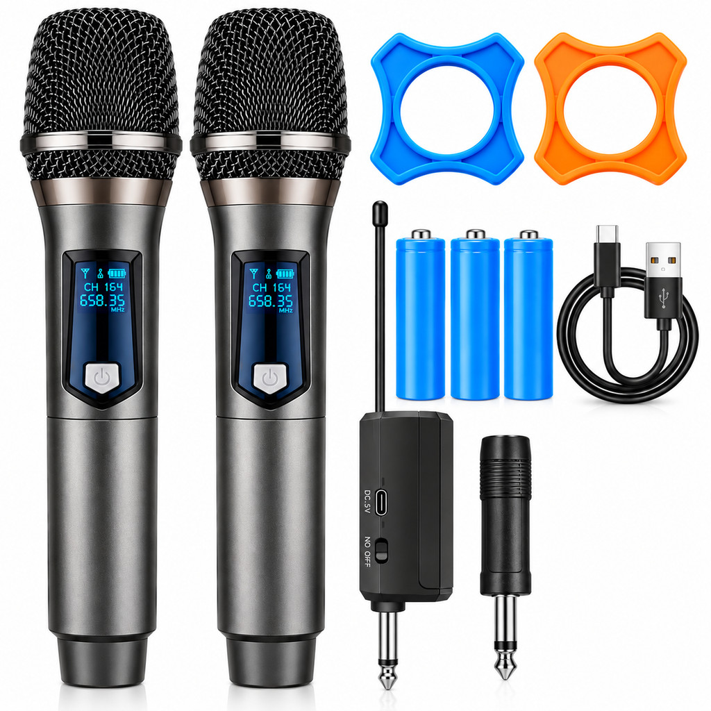 Kit 2 Microfones Dinâmico Sem Fio Profissional Recarregável Uhf para Karaokê