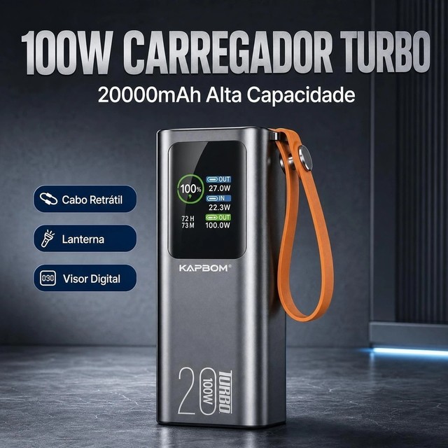 Power Bank 20000mAh 100W Turbo Carregador Portátil Cabo Retrátil Lanterna LED Visor Com ANATEL