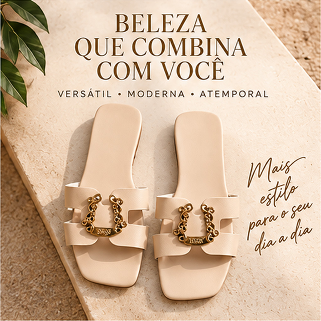 Sandália Rasteirinha Feminina Virginia com Corrente Dourada e Bico Quadrado Casual Confortável