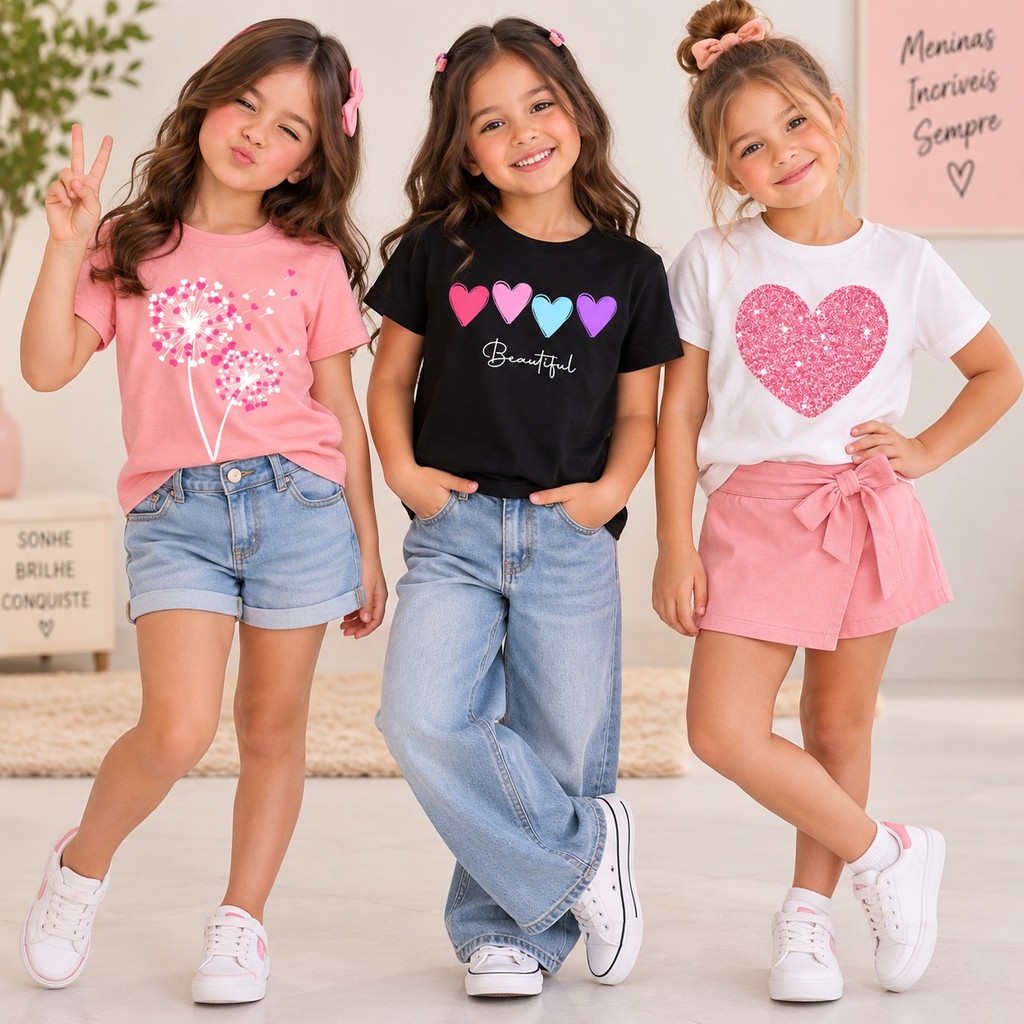 Kit 3 Camisetas Femininas Infantil 100% Algodão Estampa Coração Menina Básica Delicada Confortável