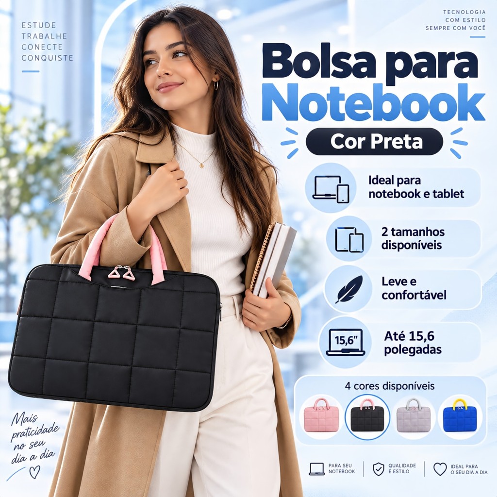 Bolsa para Laptop de 15.6 polegadas com alça de mão, adequada para trabalho, aprendizagem e viagens.