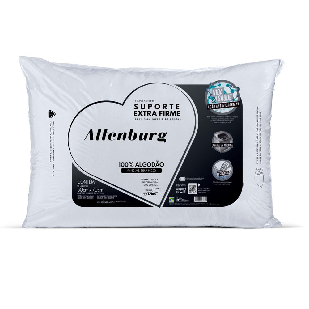 Travesseiro 50x70cm 180 Fios Percal 100% Algodão Suporte Extra Firme Altenburg