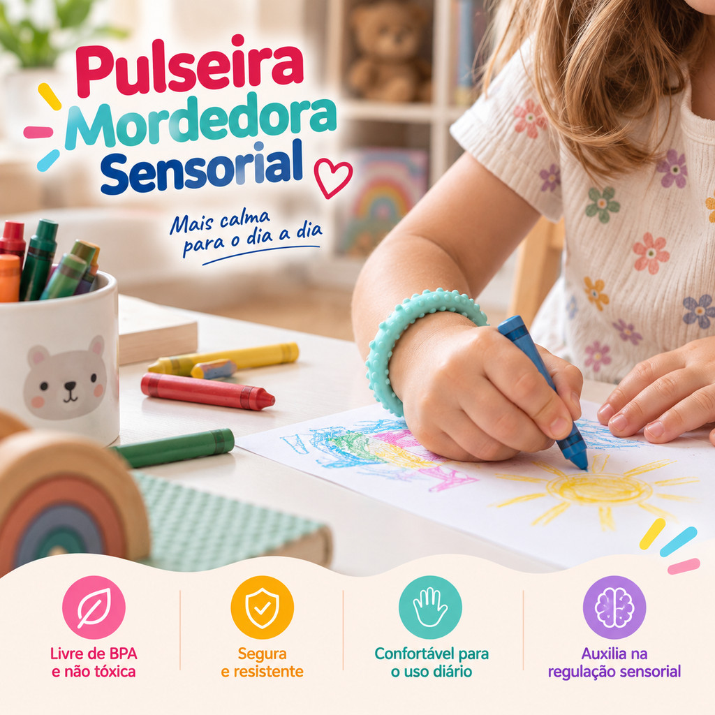 Pulseira Mordedor Sensorial Silicone Autismo TEA TDAH Calma Anti Estresse Infantil Brinquedo Oral