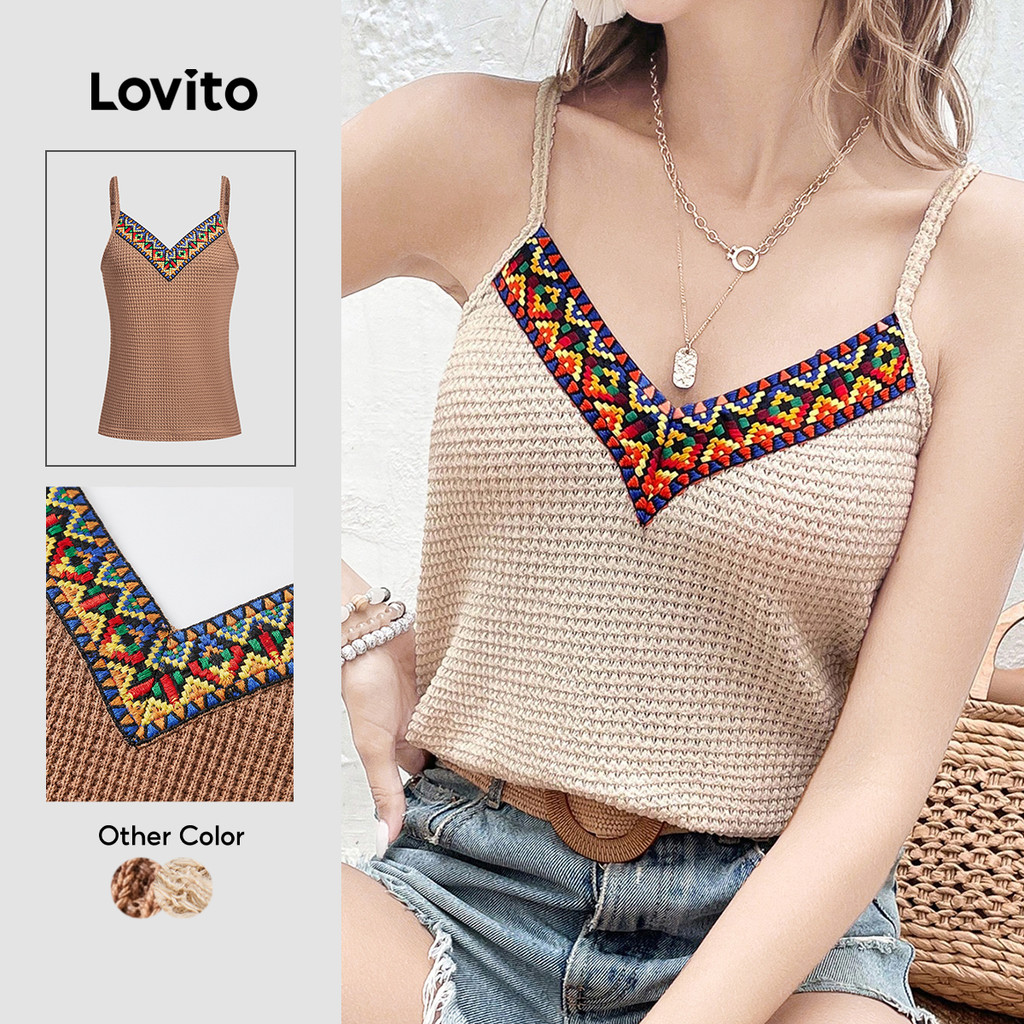 Lovito Férias Top Tecido Costura Lazer Estilo Resort Top Primavera/verão para Mulheres L172ED1625