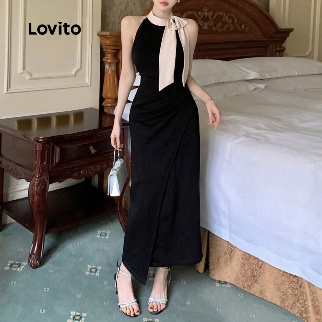 (KOL‘s pick) Lovito Elegante Vestido Vestido Colorblock Liso Para Mulheres L91AD171