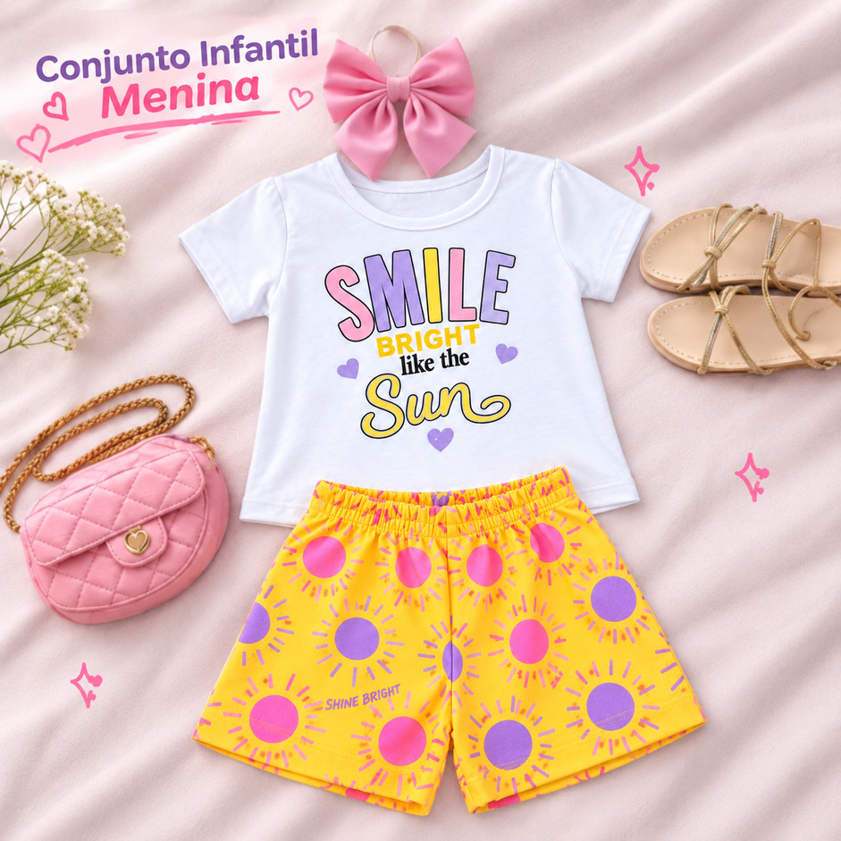 Conjunto Infantil Menina Verão Blusa e Short Algodão Estampado Leve Confortável
