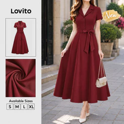 Lovito Vestido Feminino Longo Plissado Estilo Boho Casual Para Fins De Semana E Férias Na Cor Vermelha DRK10BR385