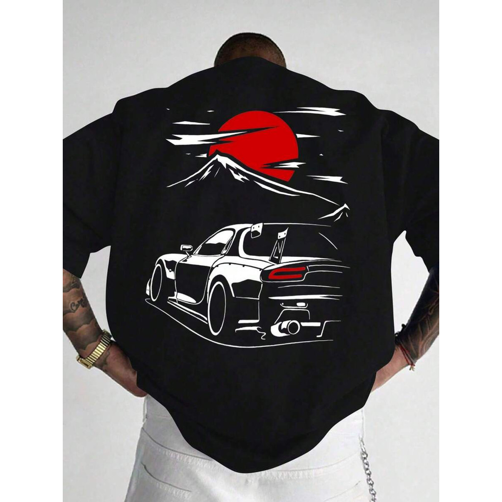 Camiseta Masculina estampa carro esportivo Monte Fuji sol vermelho céu estrelado confortável estilosa premium oversized