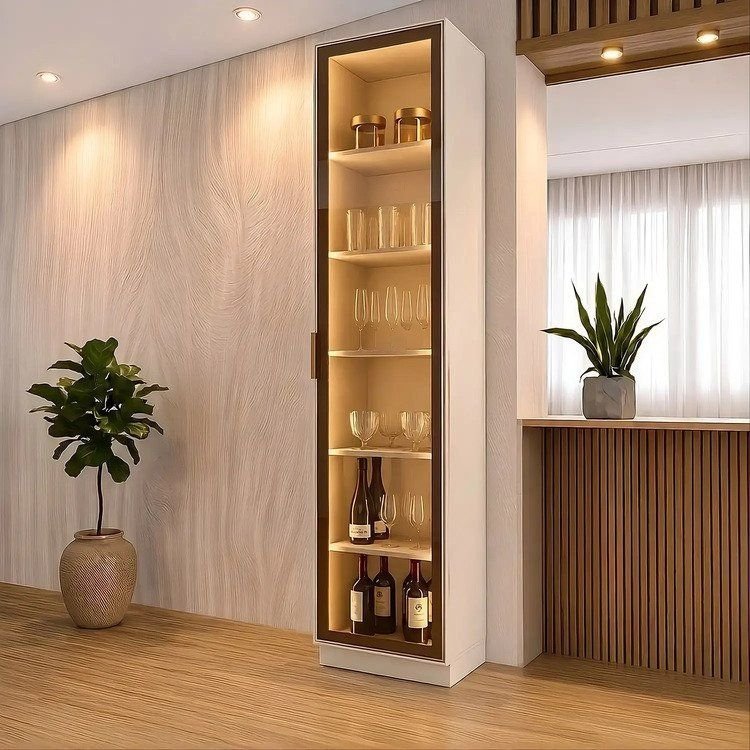 Cristaleira 50cm 1 Porta com LED e Vidro Reflecta Temperado 100% MDF Fineze Bege/Areia HP 50