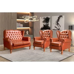 Conjunto Imperador Sofá com Poltronas Chesterfield Decoração Retrô Vintage Cobre Caramelo Caramelo
