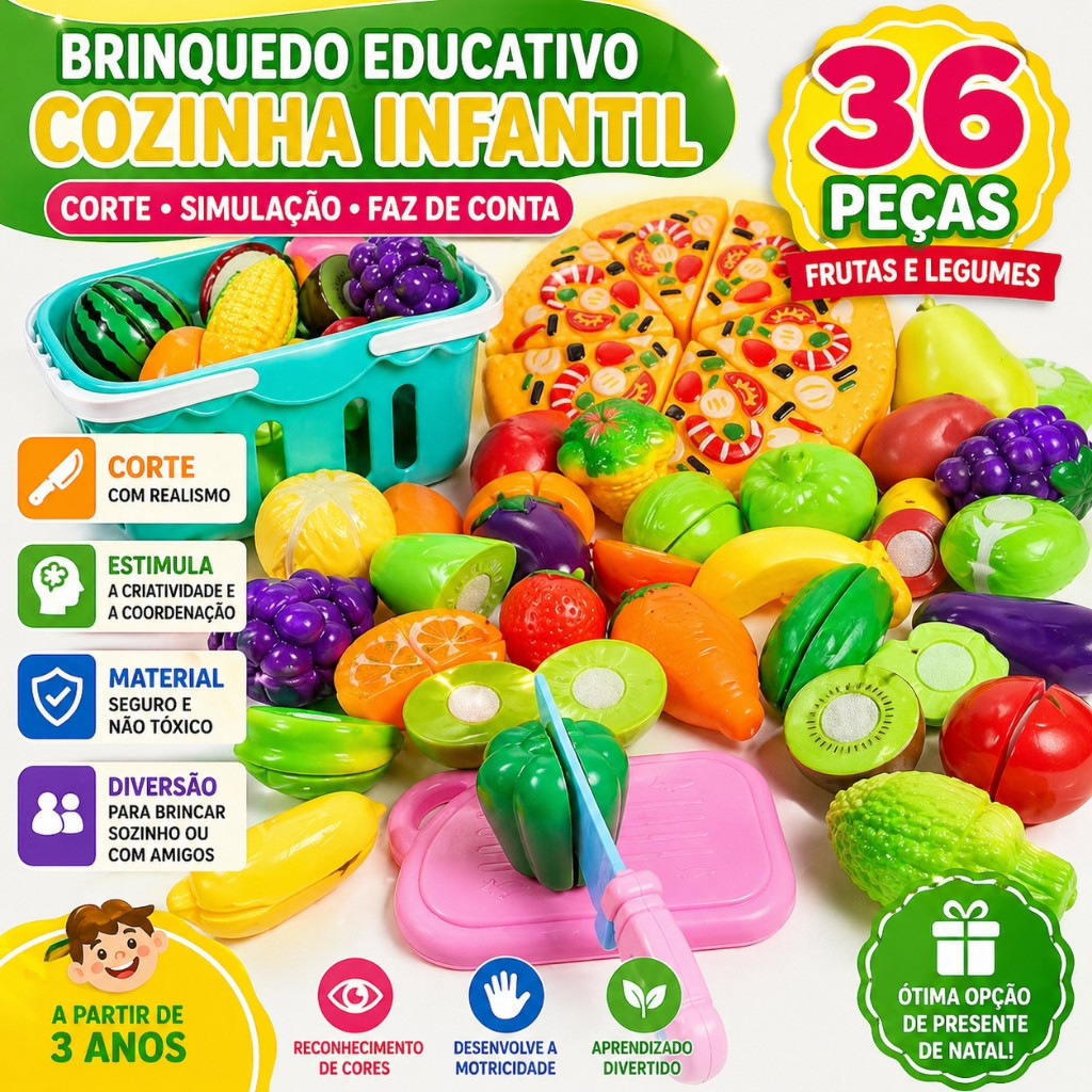 36 Pçs Brinquedos Educativo Cozinha Infantil Frutas e Legumes Corte Simulação Jogo Faz de Conta Presente Natal Criancas