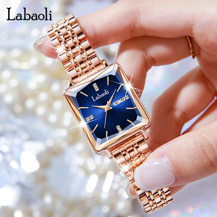 Relógio feminino de nicho, relógio feminino leve e luxuoso com pulseira de aço, à prova d'água, calendário duplo, alta q