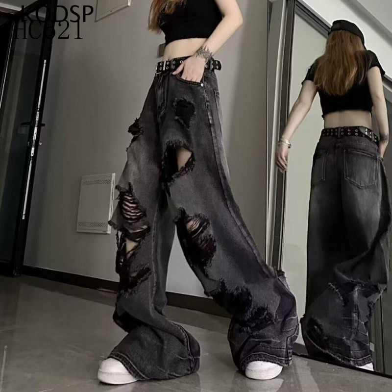 Calças Jeans Femininas Y2K, Jeans Coreanos Rasgados de Perna Larga, Calças Cowboy Baggy de Retalhos Estilo Streetwear Si