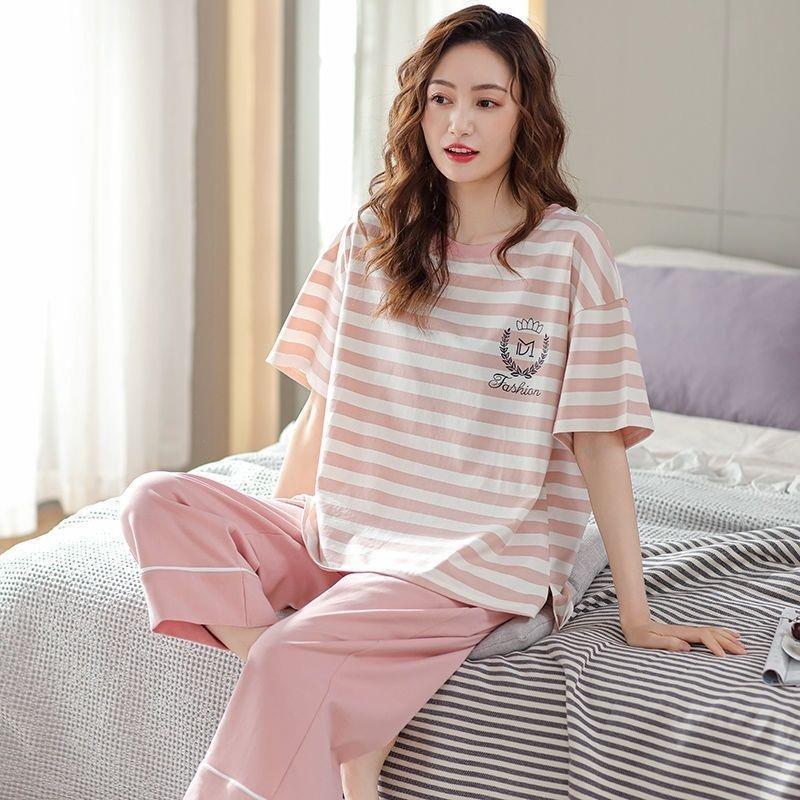 Pijamas femininos de algodão puro manga curta calças cortadas estilo fino 100% algodão feminino listrado algodão Homewea