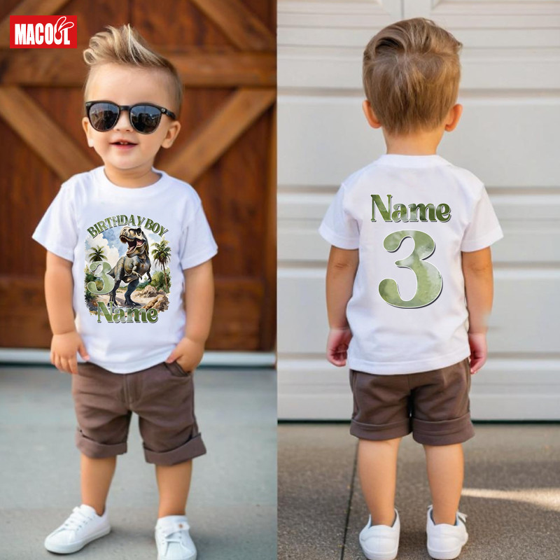 Personalizado Dinossauro Aniversário Menino Camiseta Nome T-Rex Crianças Meninos Manga Curta Festa Feliz Roupas