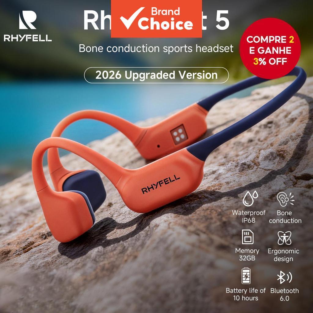  Fones de Ouvido sem Fio Bluetooth 6.0 Condução Óssea RHYFELL FIT 5, Classificação IP68 à Prova D'água, 10h de Bateria,