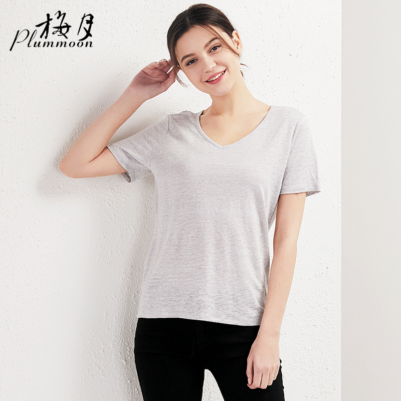 Meiyue marca primavera verão estilo feminino linho de manga curta listrado camiseta versão coreana All-Match cor sólida 