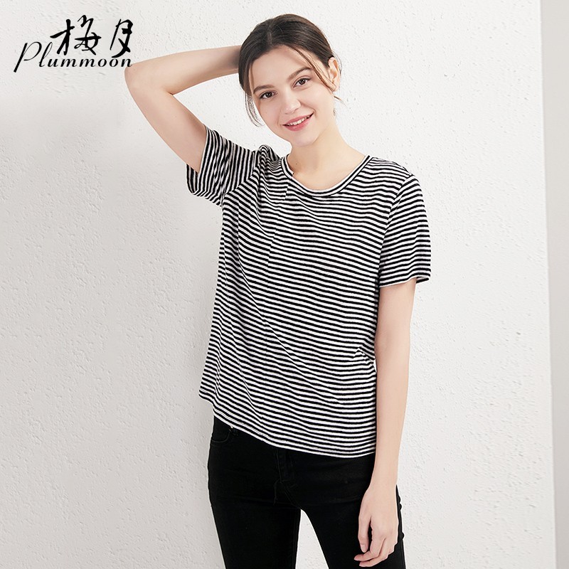 Meiyue marca primavera verão estilo feminino linho preto branco listrado camiseta solta All-Match versão coreana em torn