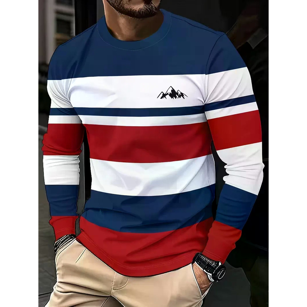 Camiseta Masculina Simples Clássica Listrada Estampada De Manga Comprida Primavera E Outono Confortável Diário Roupas Ma