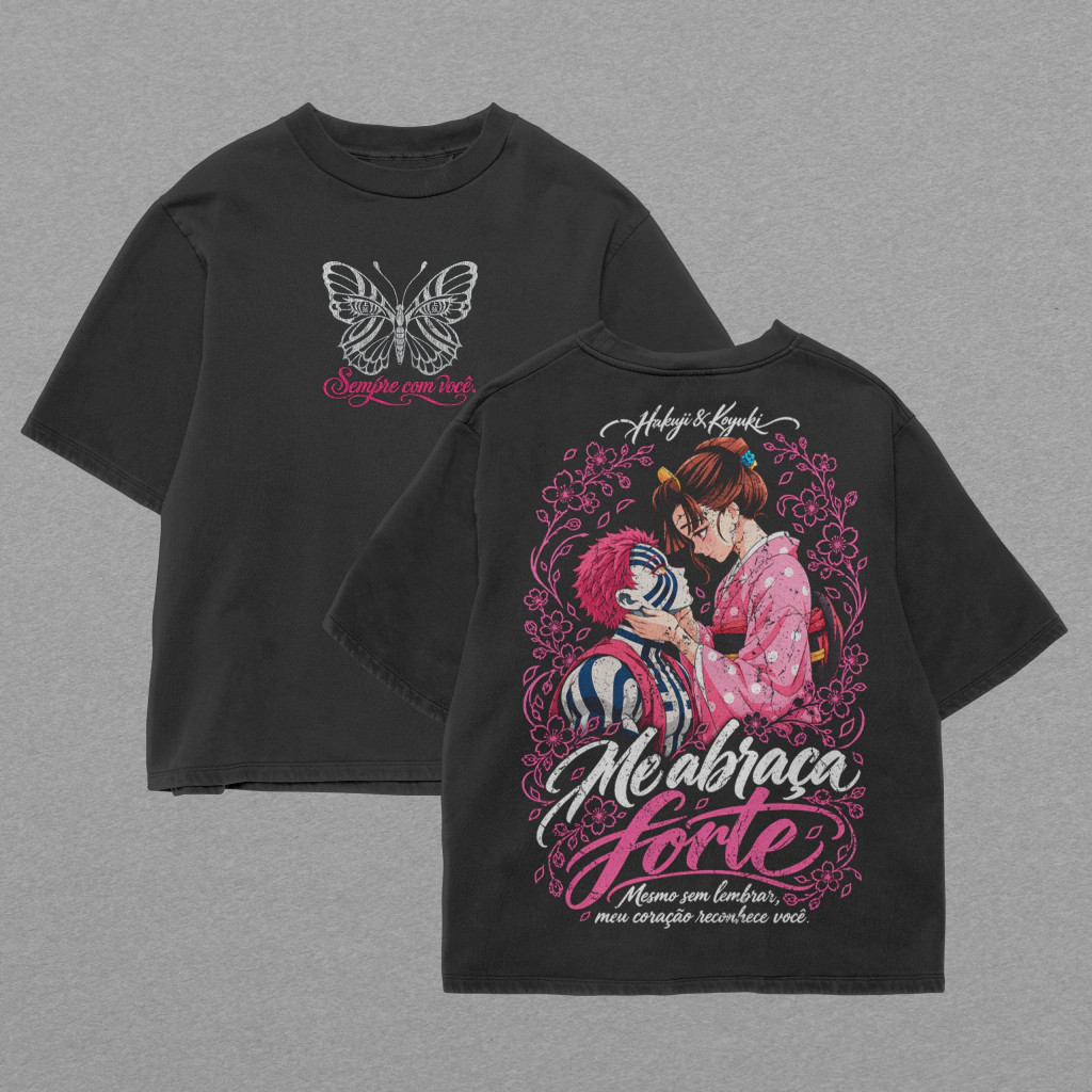 Camiseta Masculina Estampa Borboleta Casal De Anime Preta Confortável Estilosa Descolada Streetwear