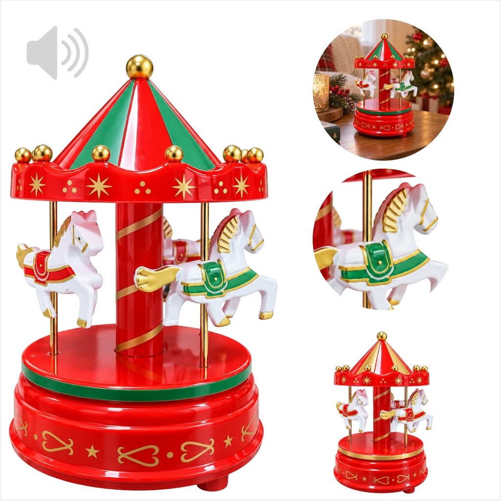 Carrossel de Natal Musical Giratório 360 Graus 16cm com Cavalos para Decoração de Mesa