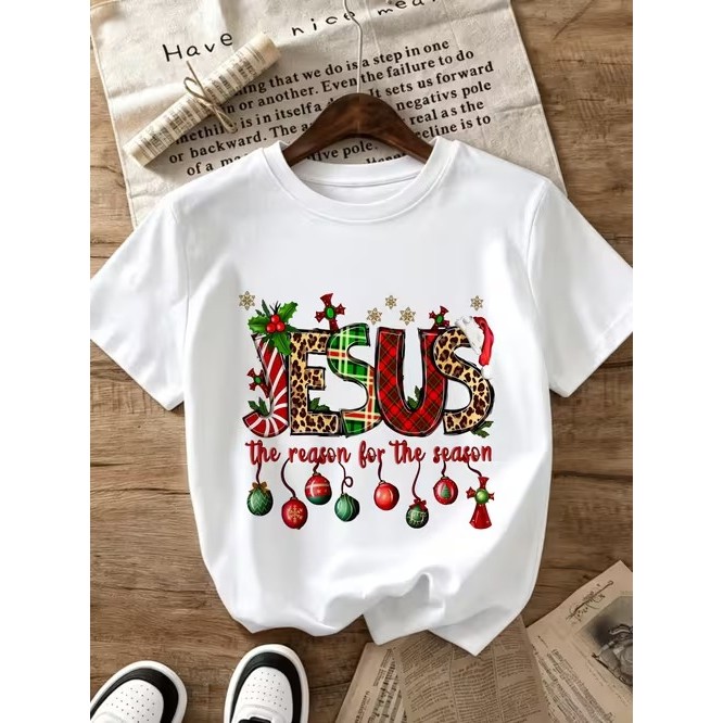 Camiseta Feminina Manga Curta Estampada Natal Jesus Confortável Linda Moderna Estilosa Casual Tendência para Uso Festivo