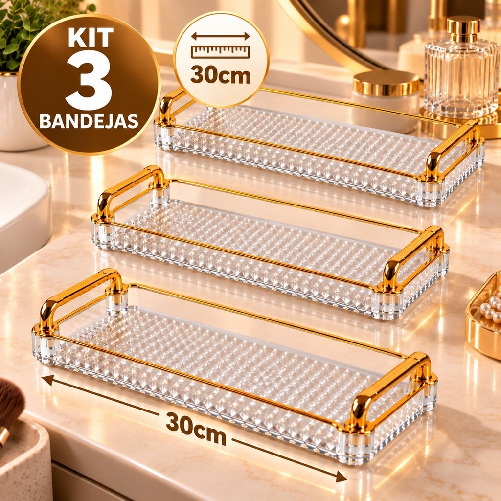 Kit 1 a 3 Bandeja Acrílica Dourada 30cm Alça Organizadora Perfume Cosmético Maquiagem Penteadeira Banheiro
