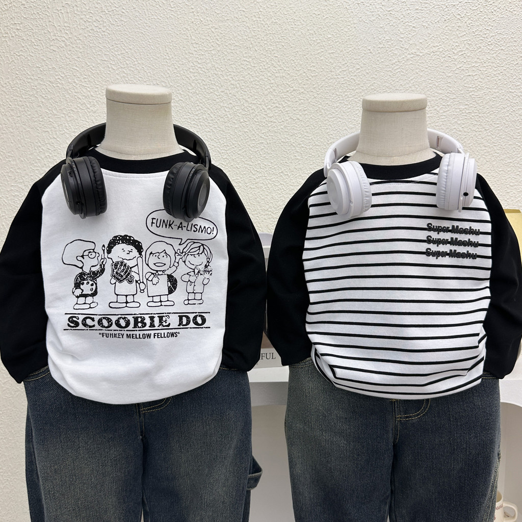 Meninos primavera outono estilo manga comprida camiseta 2025 novo estilo crianças manga Raglan solta topo médio pequenas