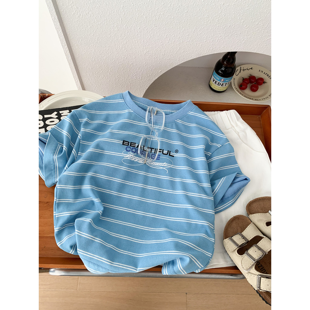 Meninos verão listrado camiseta de manga curta 2026 novo estilo crianças azul em torno do pescoço meia manga estilo fino