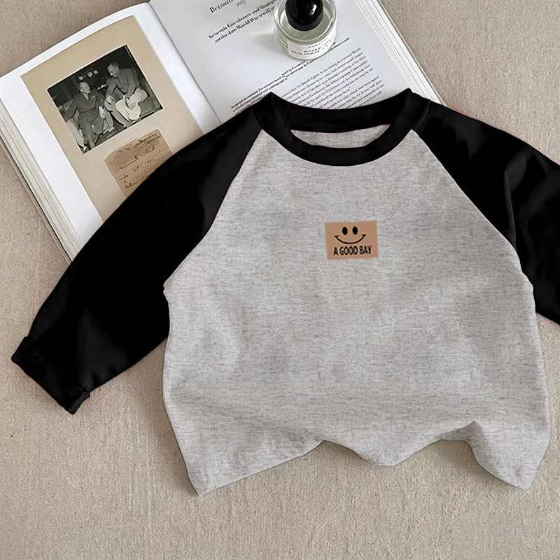100% algodão meninos Raglan ombro em torno do pescoço de manga comprida camiseta primavera outono médio pequeno crianças