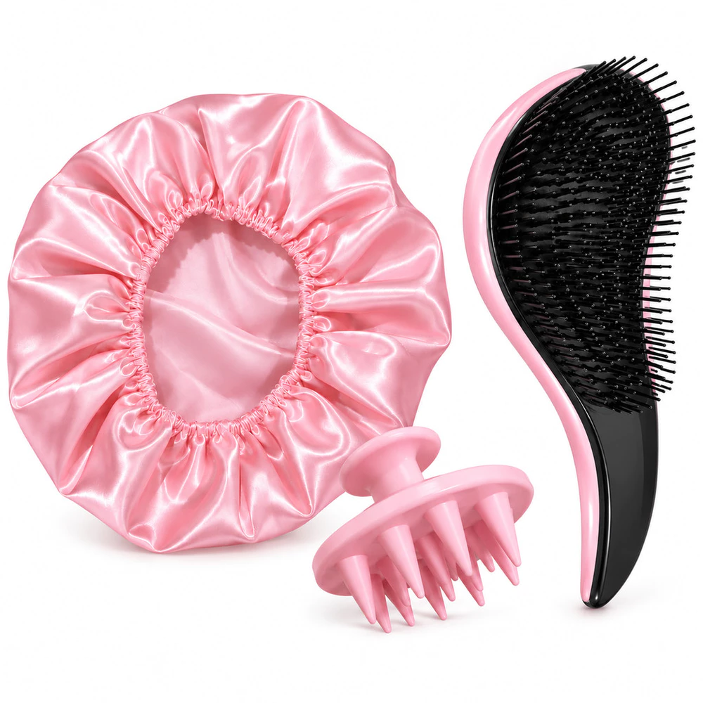 Kit 3 Peças Escova Mágica Desembaraçadora de Cabelo Massageador Capilar Silicone e Touca de Cetim