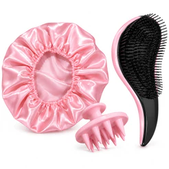 Kit 3 Peças Escova Mágica Desembaraçadora de Cabelo Massageador Capilar Silicone e Touca de Cetim