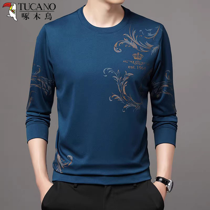 Woodpecker manga comprida seda impressa camiseta masculina gelo mercerizado algodão outono Casual tamanho grande em torn