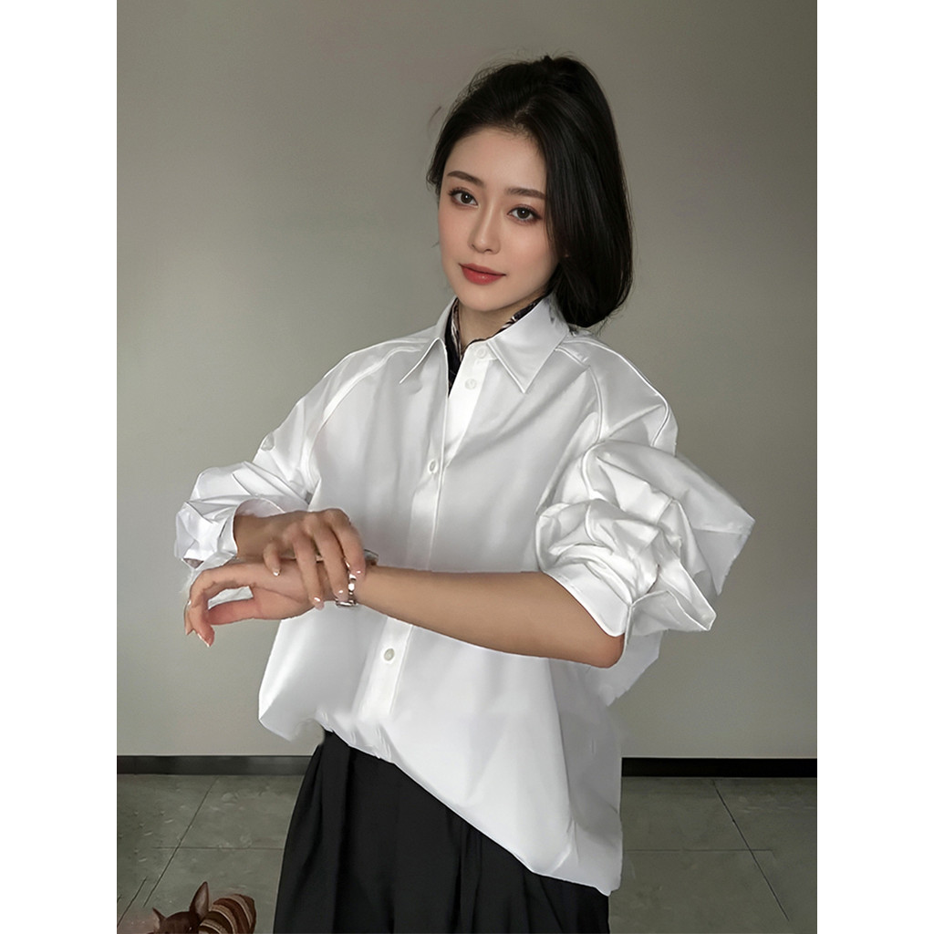 Camisa branca elegante francesa feminina primavera solta camisa de manga comprida em camadas camisa pequena camisa de al