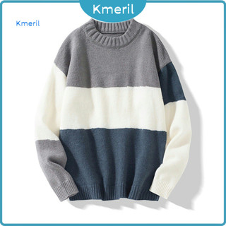 Men Loose Cut Sweater Spring Men's Fall Winter Thick Knit Colorblock Fit Pullover Round Neck Long Sleeve Warm Mid-length