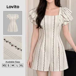 Lovito Macacão Elegante Babado Dupla Camada Estrutura de Linhas Primavera/verão Macacão Off White para Mulheres JRB203TD152