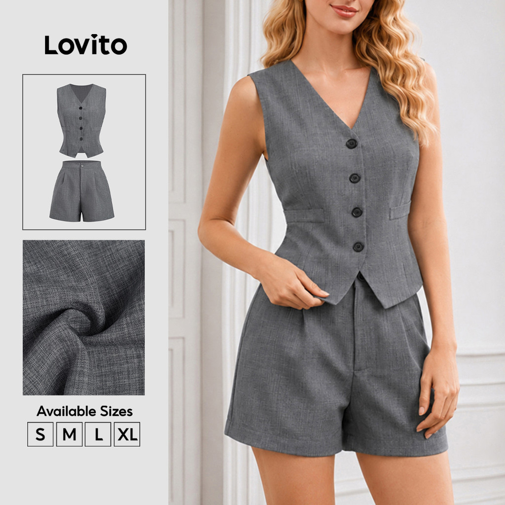 Lovito Elegantes Shorts Cinza de Verão ou Primavera para Mulheres Frente com Botões e bolso SHB38BR014