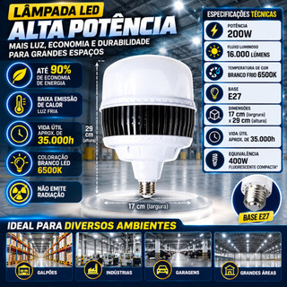 Lâmpada LED Bulbo 200W AAATop Bivolt Branco Frio 6000K a 6500K Luz Branca E27 Luz para Galpão
