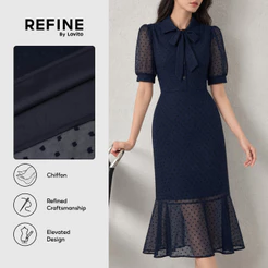(Refine by Lovito) Office Vestido Midi Jacquard Poá Com Amarração Azul Escuro Para Mulheres DRR43P1D029
