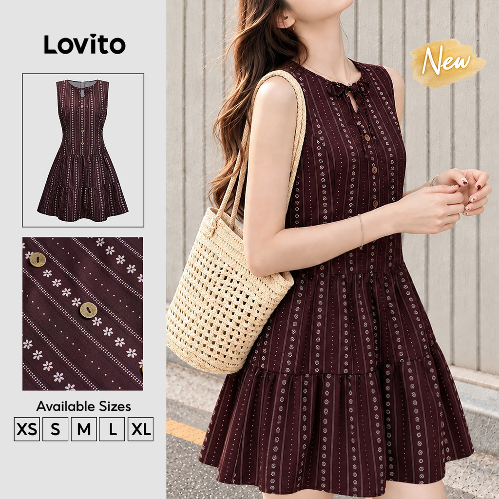 (New Arrival) Lovito Vestido Marrom Feminino Casual Floral Floral Com Amarração Linhas Estruturadas Barra Com Babados Comprimento Curto E Corte Em a Para Primavera Verão E Fins De Semana DRB208P2D027