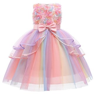 Vestido De Verão Flores Meninas Arco-Íris Moda Natal Pequena Princesa Presente De Aniversário Do Bebê .