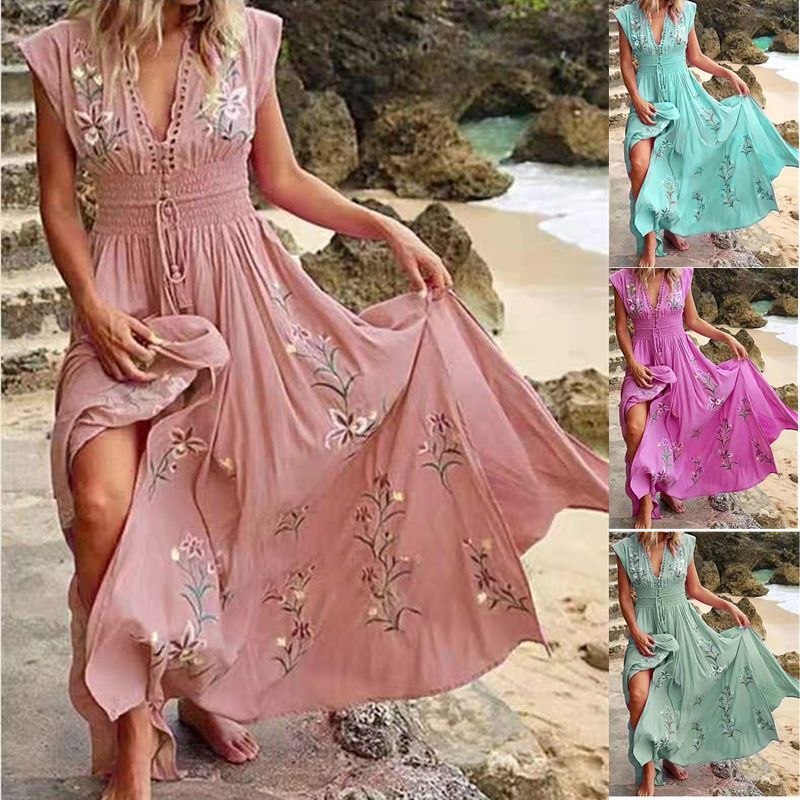 Novo estilo com decote em V praia francesa vestido longo vestido estampado boêmio